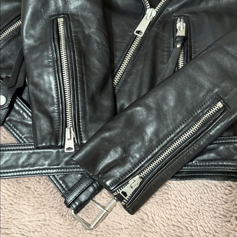 All Saints Black Leather Moto Jacket women’s size small - Picture 7 of 13